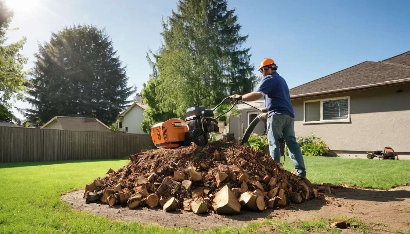 Provider grinding an old tree stump in a residential backyard in Weston